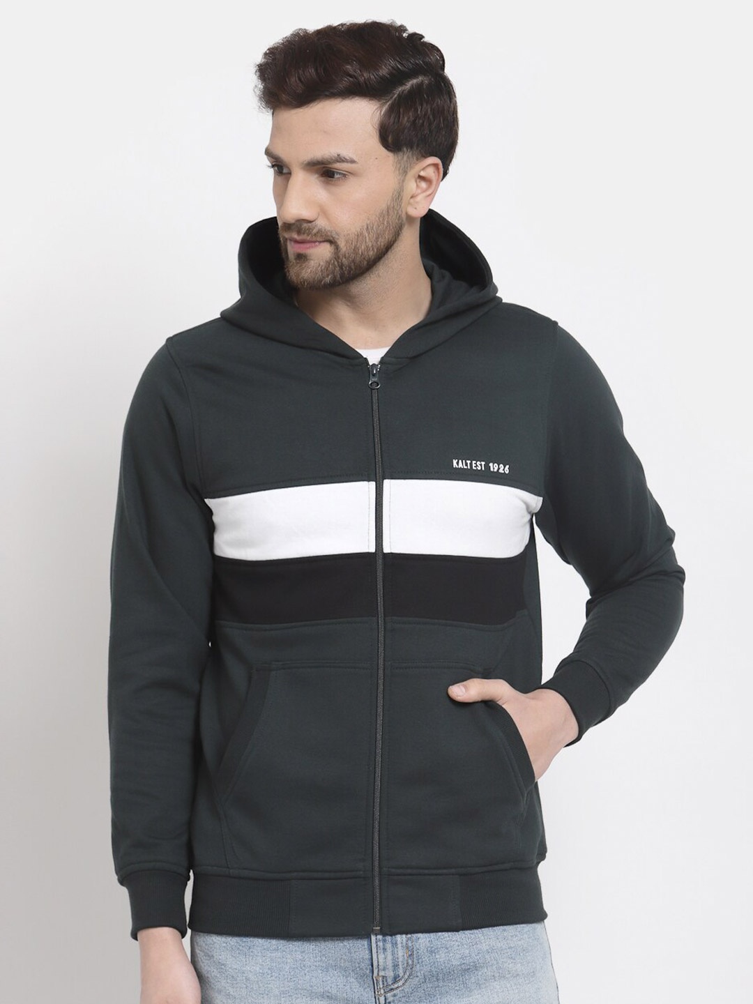 

Kalt Men Green & White Striped Hooded Front Open Sweatshirt