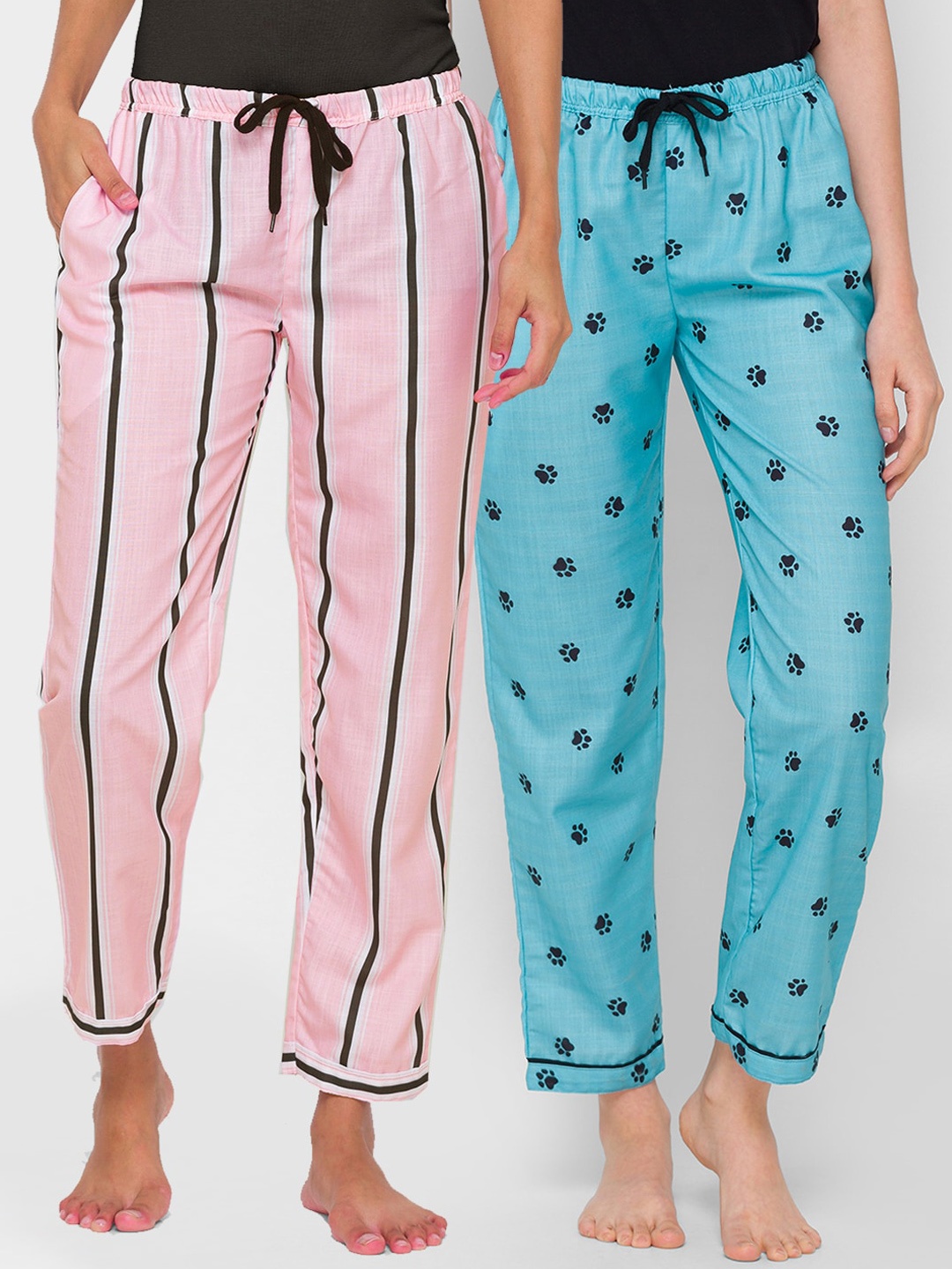 

FashionRack Women Pack Of 2 Blue & Pink Striped Regular Fit Cotton Lounge Pants
