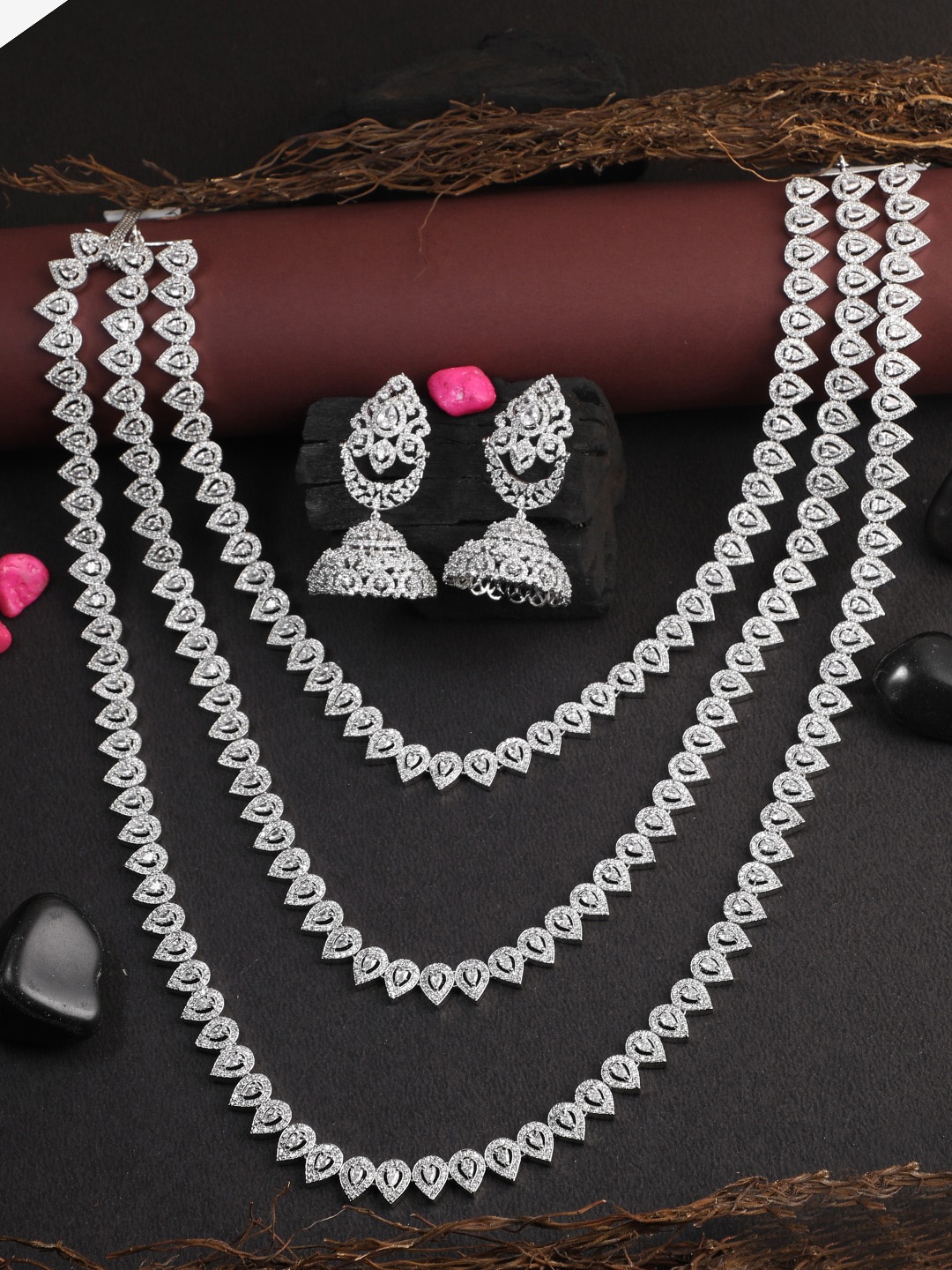 

Adwitiya Collection Silver-Toned Rhodium-Plated & White AD-Studded Jewellery Set