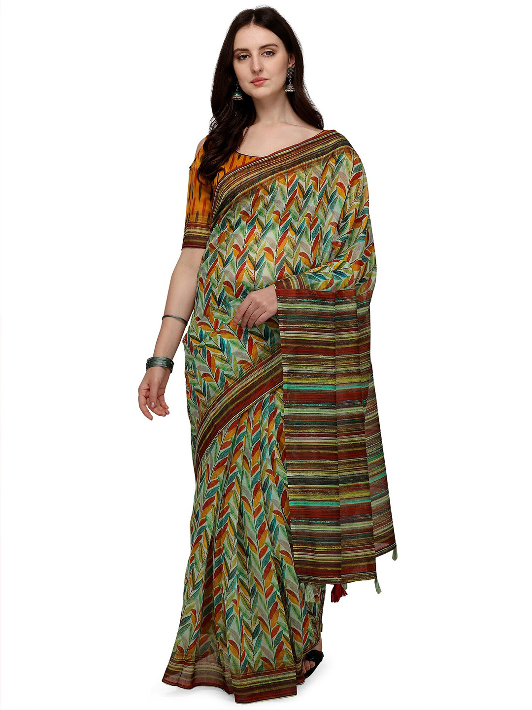 

KALINI Green & Blue Floral Printed Linen Blend Block Print Saree