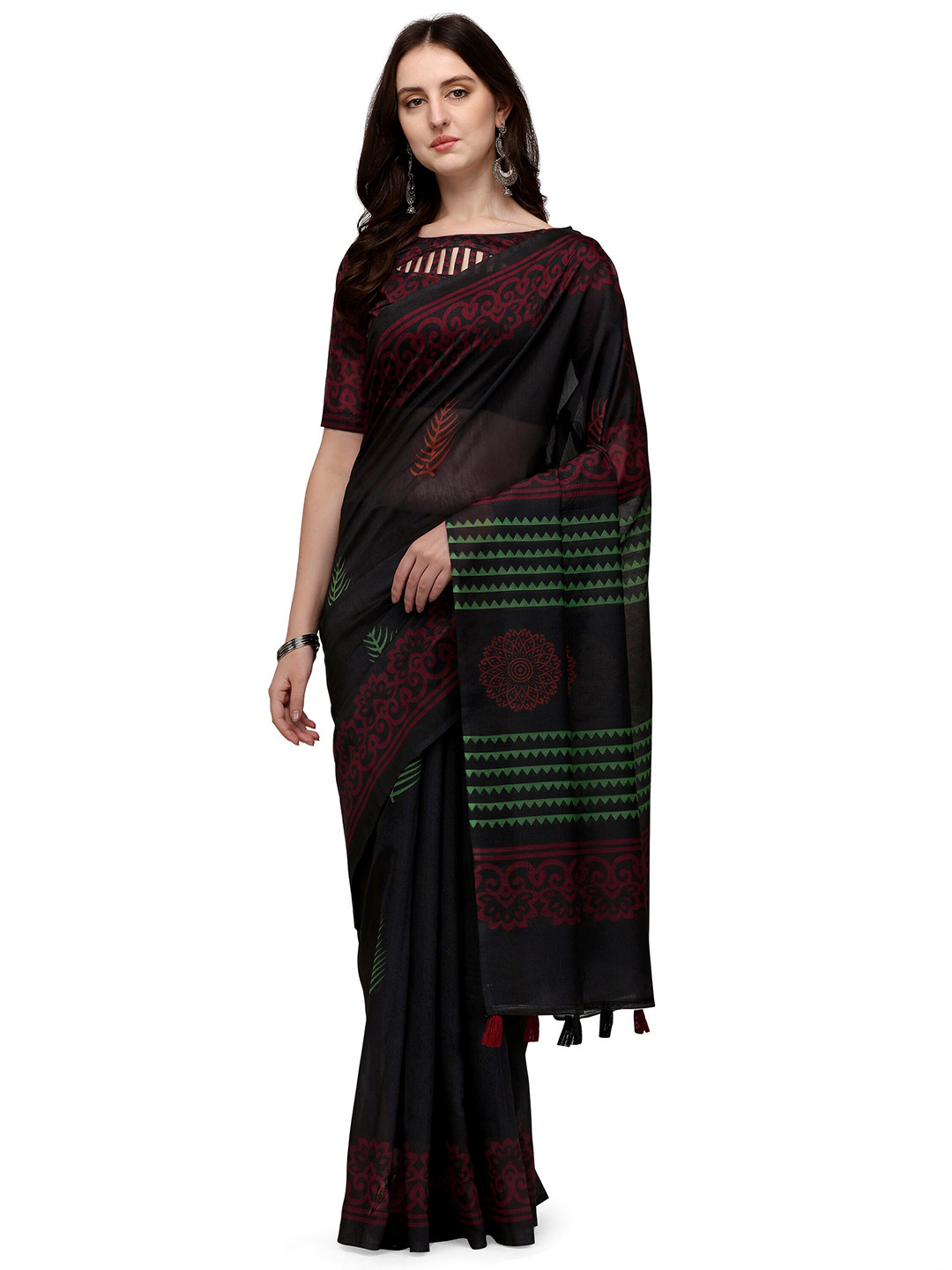 

KALINI Black & Red Ethnic Motifs Linen Blend Block Print Saree