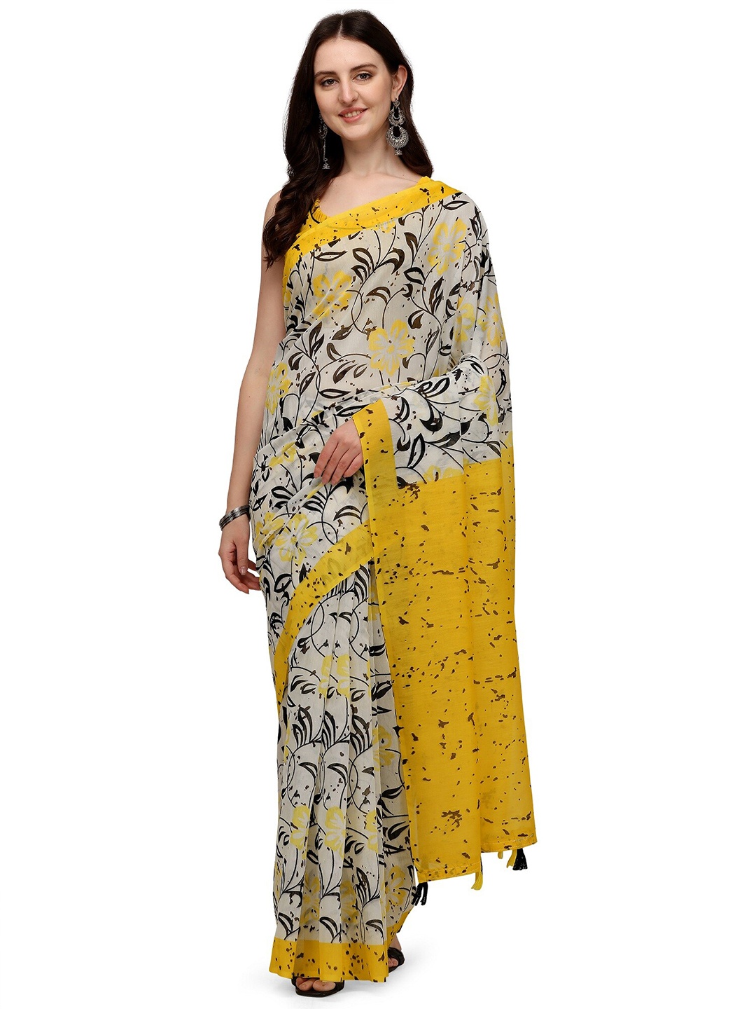 

KALINI Yellow & Black Floral Linen Blend Block Print Saree