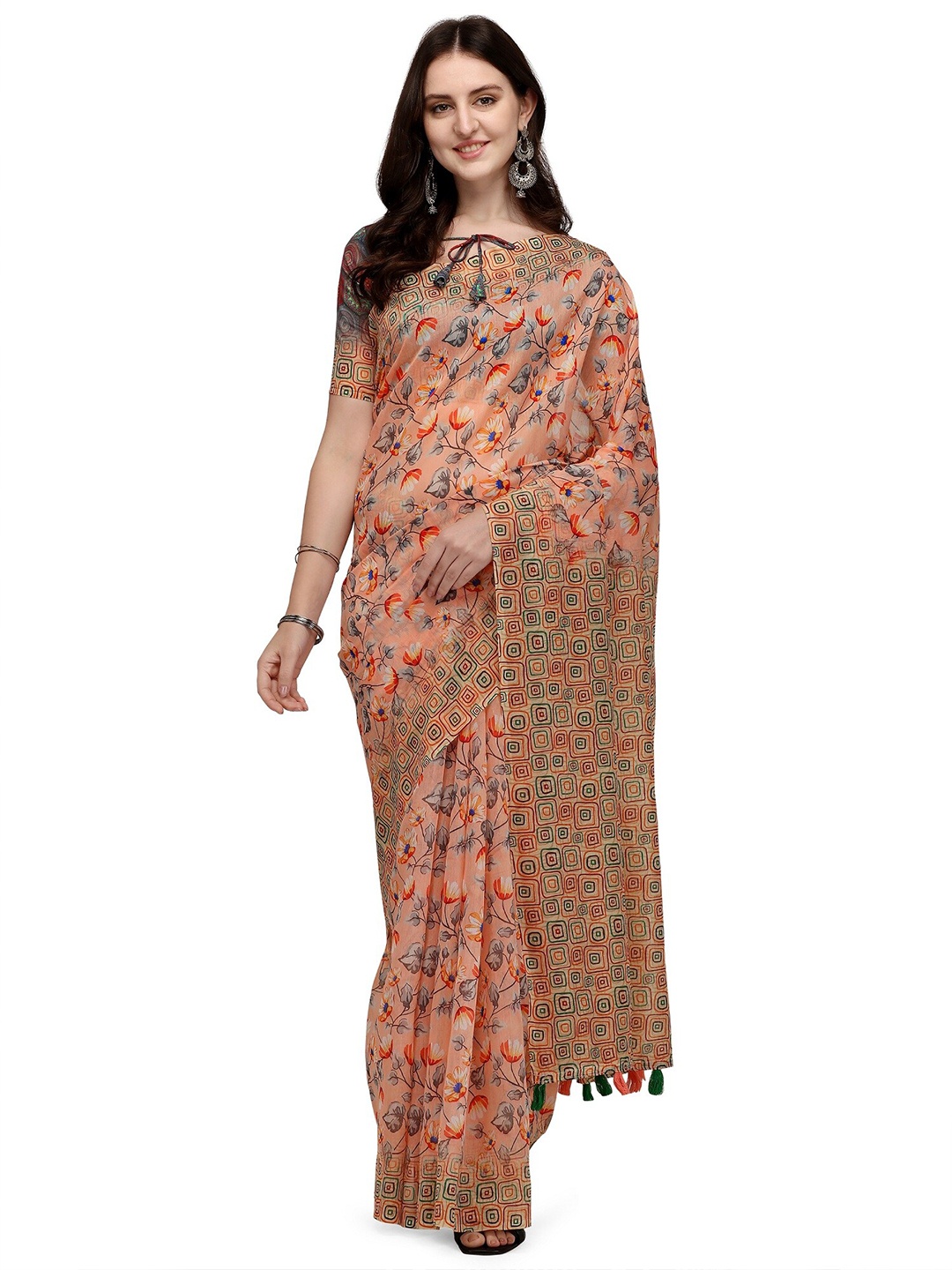 

KALINI Peach-Coloured & Green Printed Linen Blend Saree