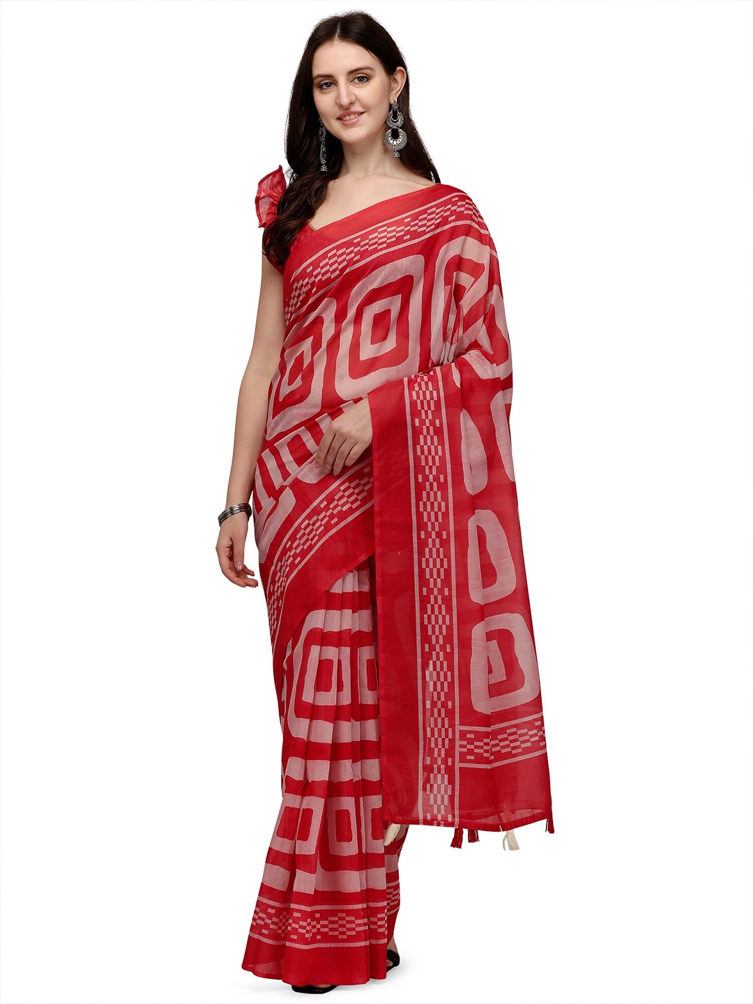 

KALINI Red & White Block Print Linen Blend Saree