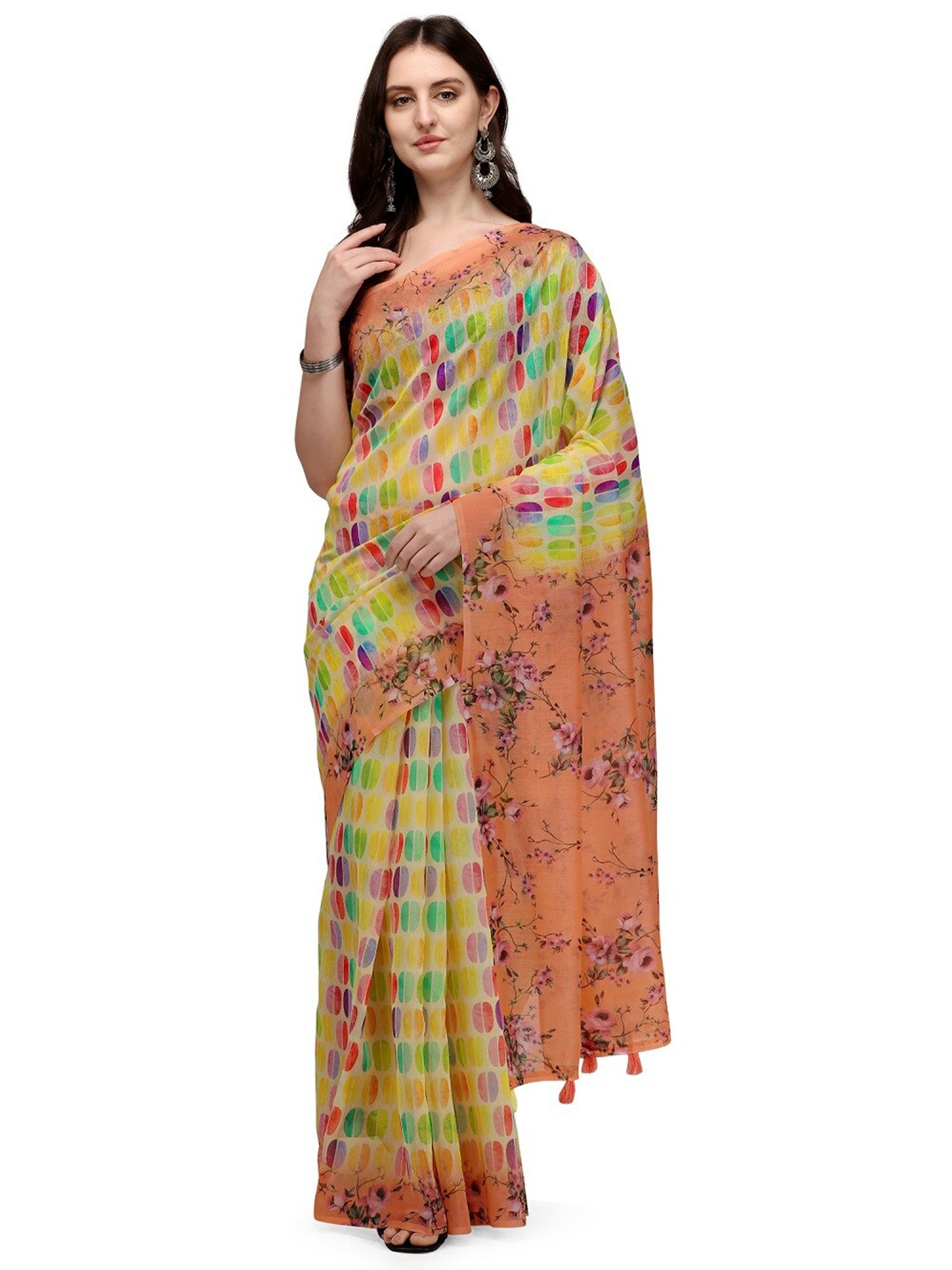 

KALINI Yellow & Peach-Coloured Abstract Printed Linen Blend Block Print Saree
