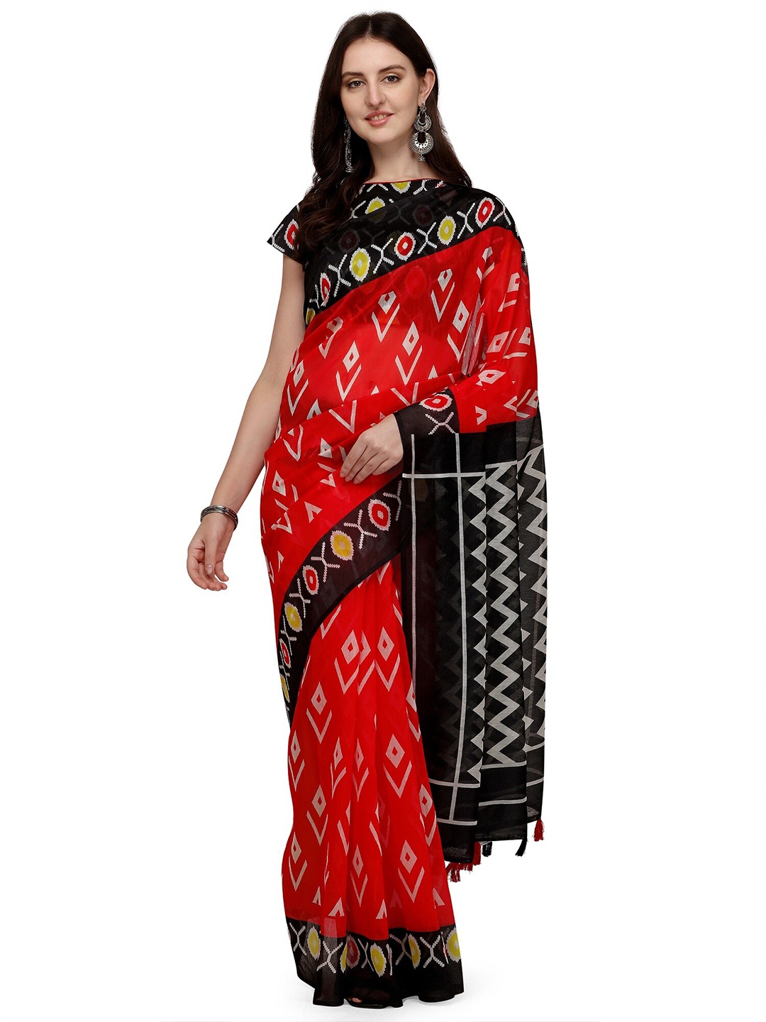 

KALINI Red & Black Ethnic Motifs Linen Blend Block Print Saree