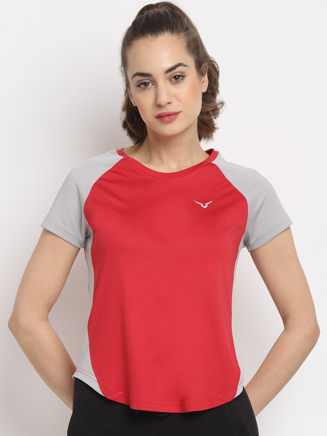 

Invincible Women Red & Grey ColourBlocked Slim Fit Training or Gym T-shirt