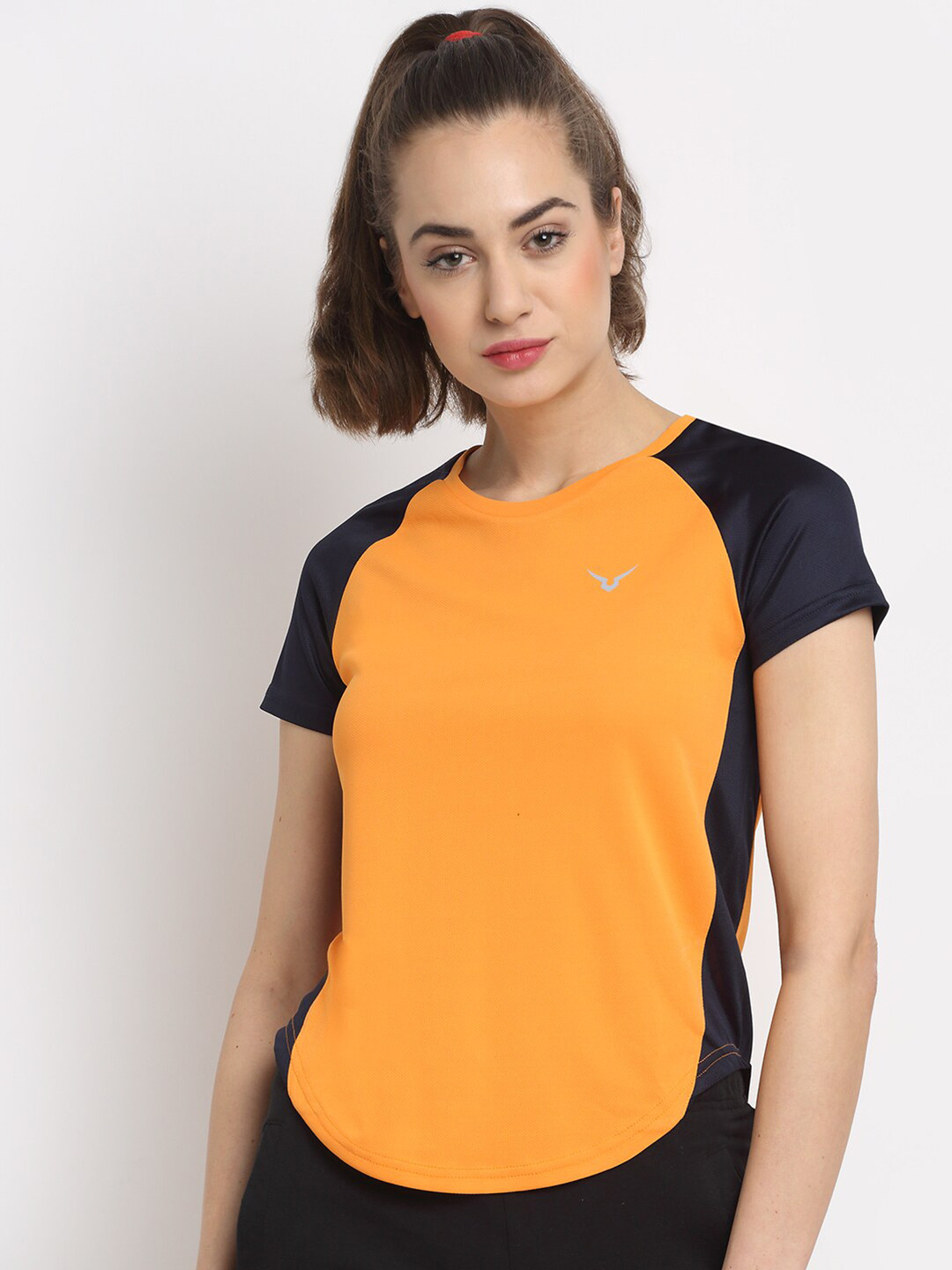 

Invincible Women Orange & Black Colourblocked Slim Fit Training or Gym T-shirt