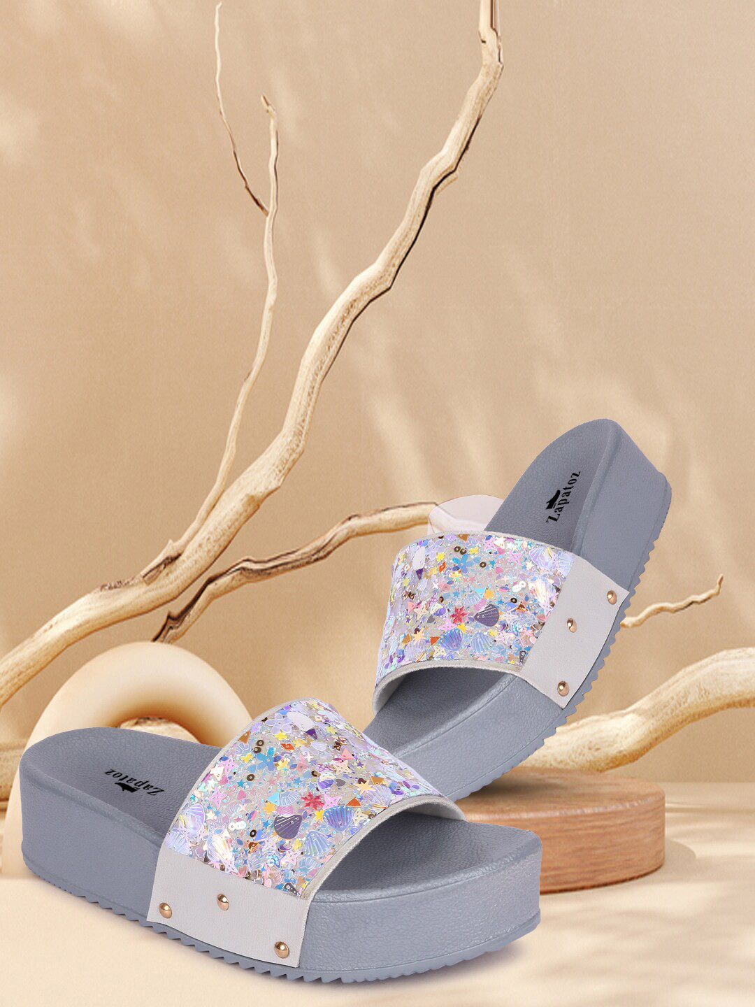 

ZAPATOZ Grey Embellished PU Wedge Heels