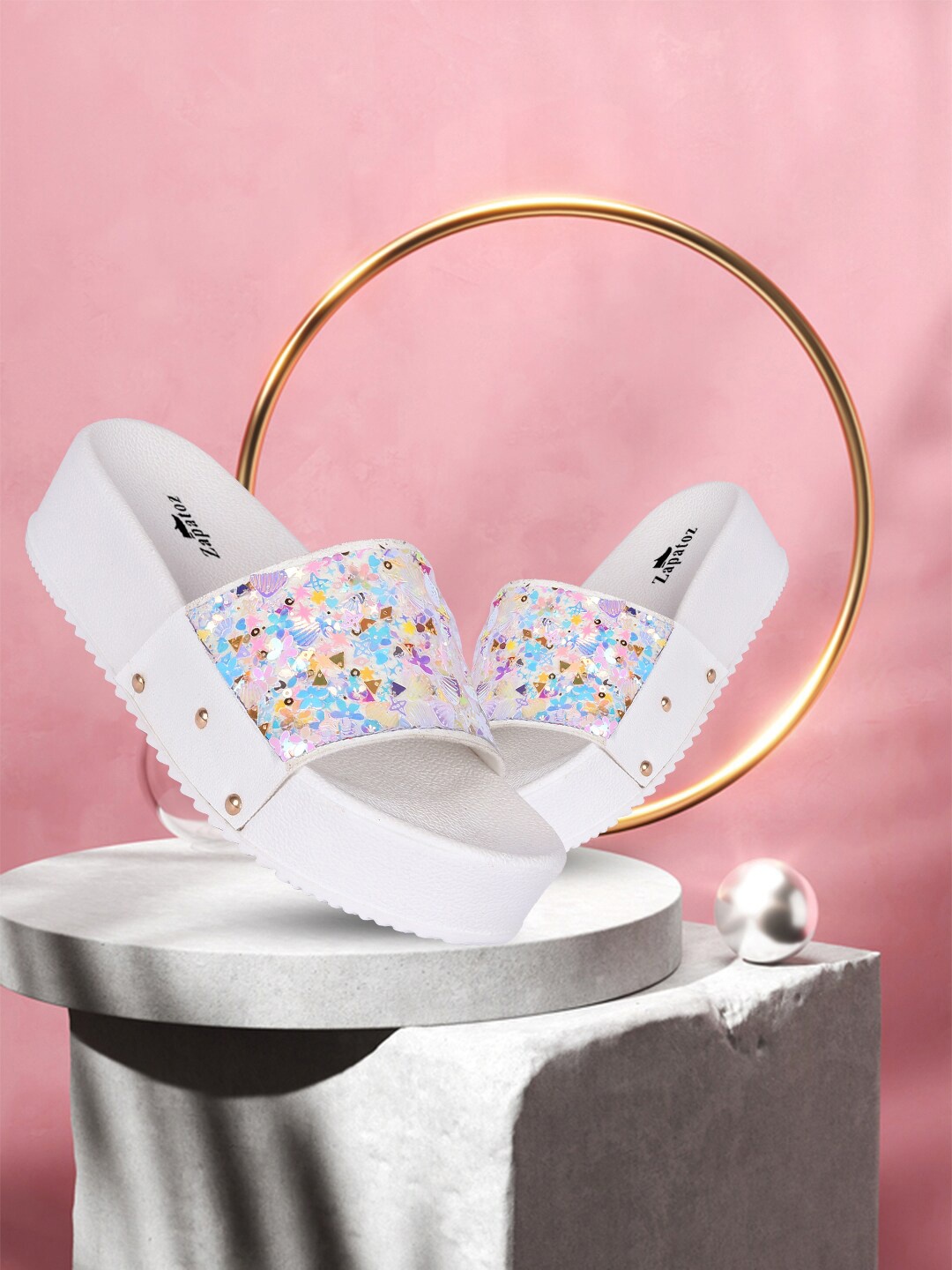 

ZAPATOZ Women White Embellished PU Wedge Sandals