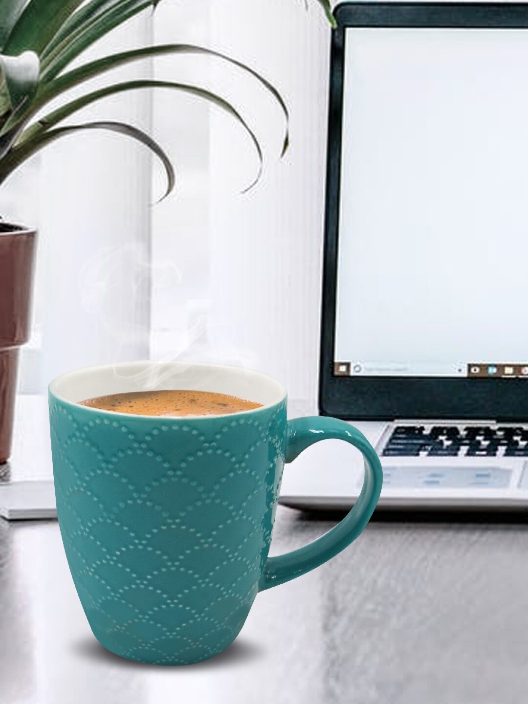 

MARKET99 Teal Set of 4 Textured Ceramic Glossy Mugs