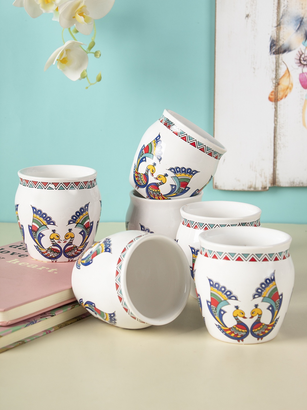 

MARKET99 White & Multicoloured Printed Set of 6 Ceramic Cups