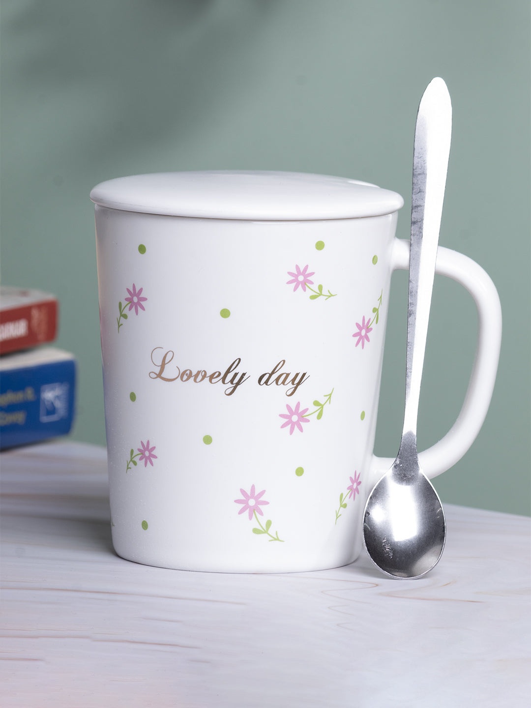 

MARKET99 White & Pink Printed Ceramic Glossy Coffee Mug with Lid