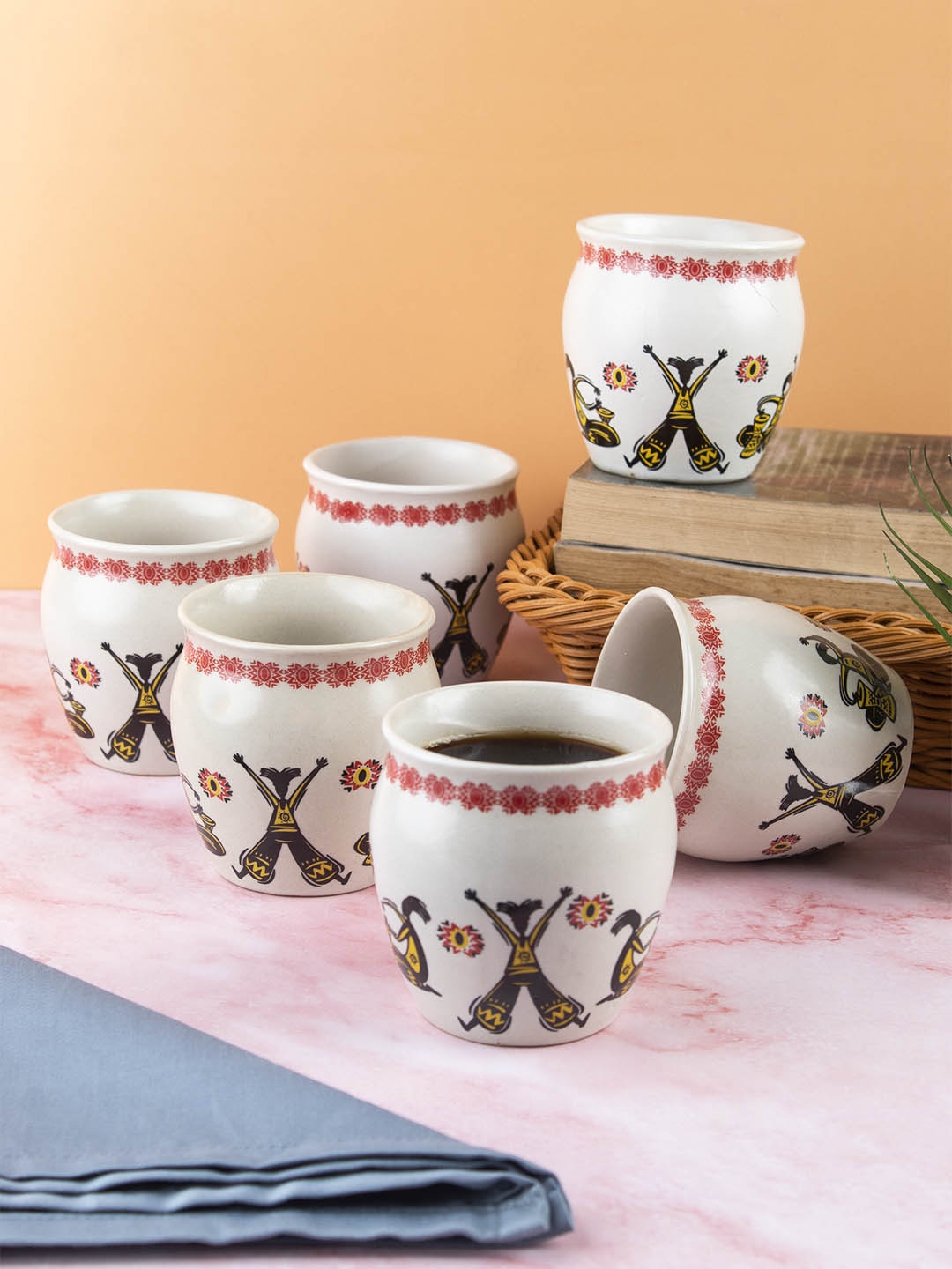 

MARKET99 Set Of 6 White & Black Ethnic Motifs Printed Ceramic Glossy Kulladhs