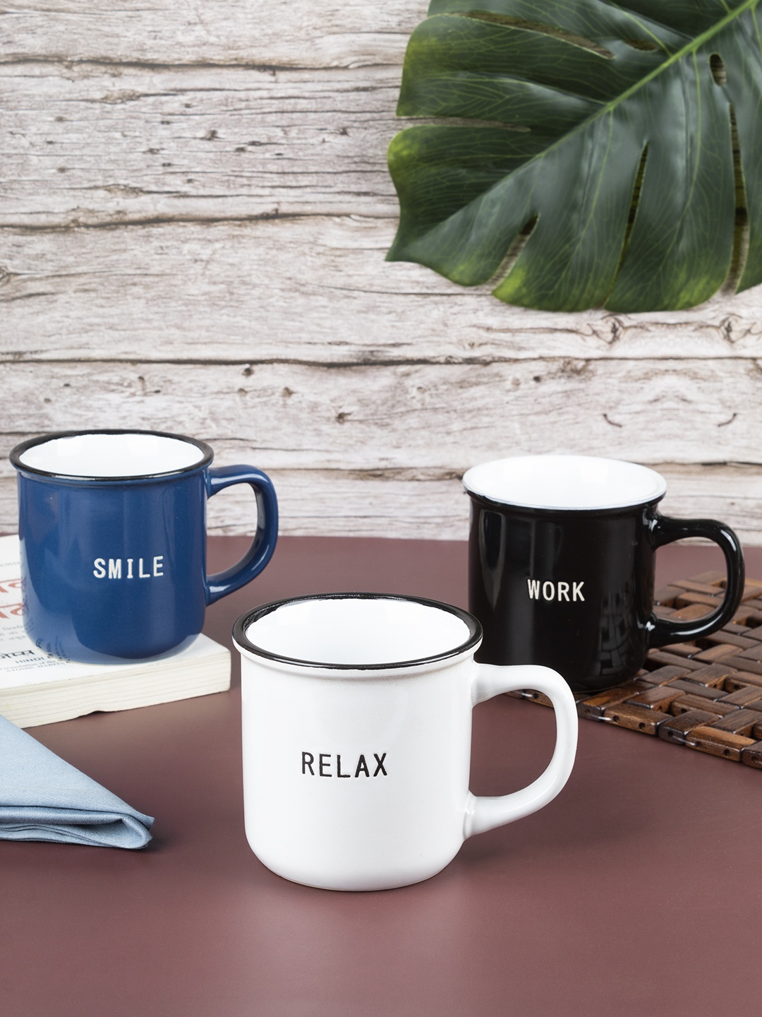 

MARKET99 Set of 3 Printed Ceramic Glossy Cups, Blue