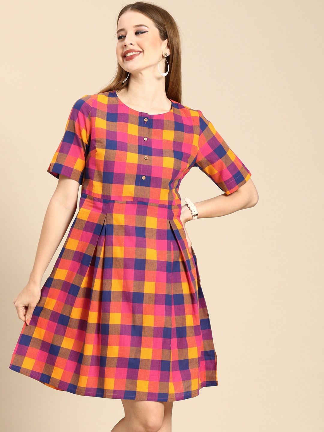 

Anouk Multicoloured Checked Pure Cotton Fit & Flare Dress, Multi