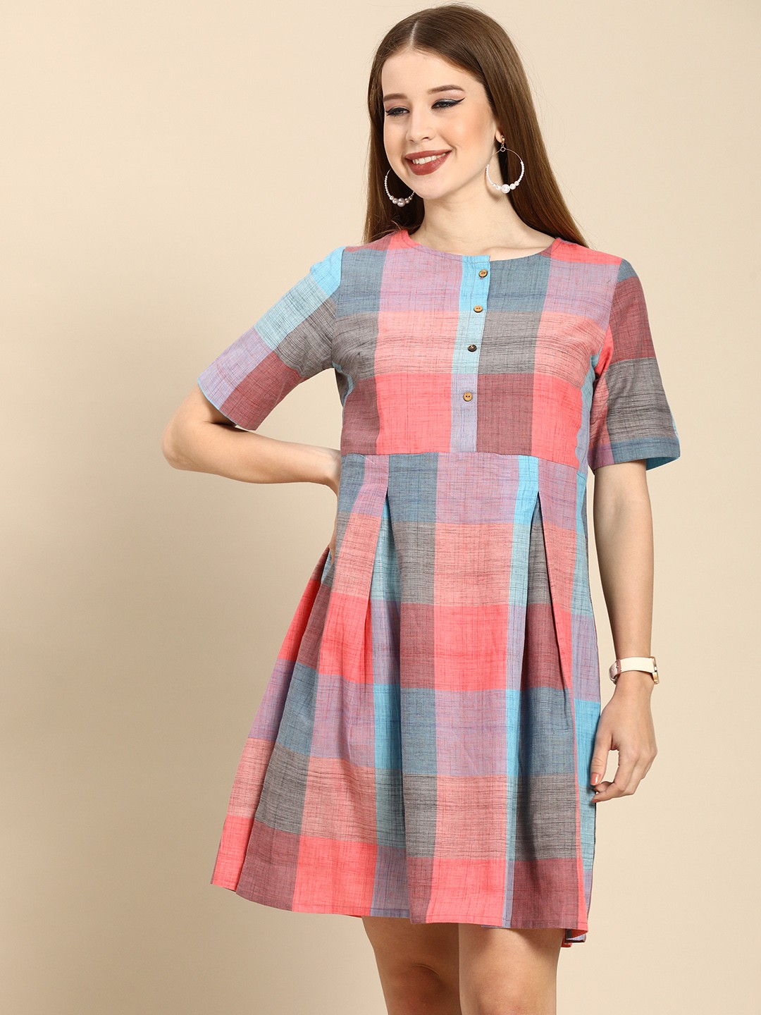 

Anouk Multicoloured Checked Pure Cotton Fit & Flare Dress, Multi