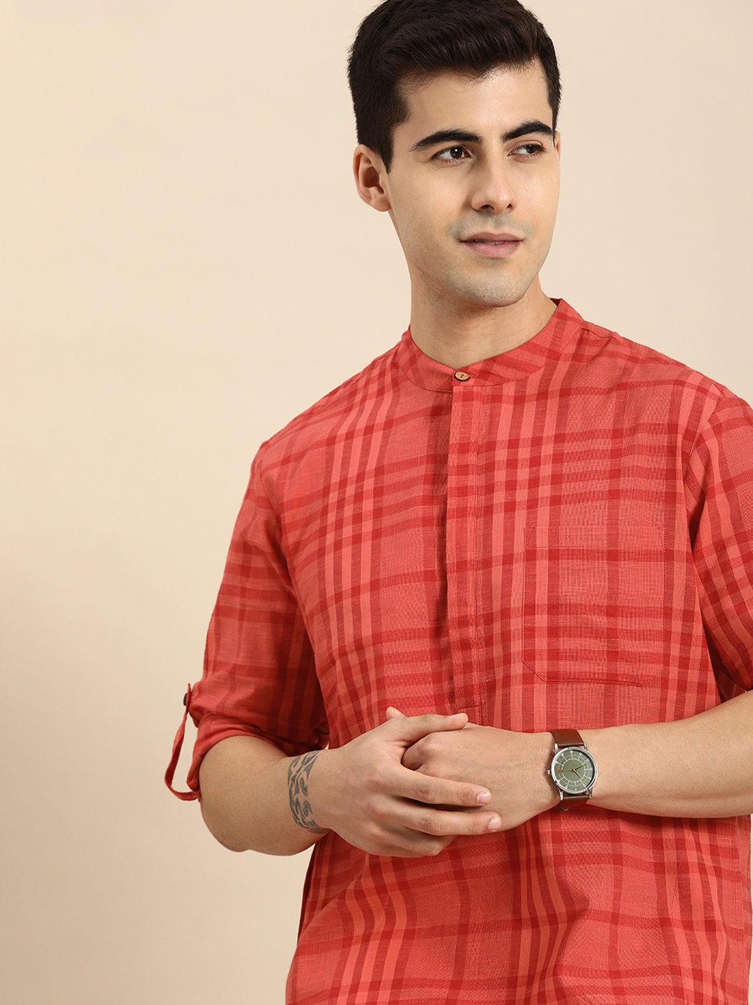

Anouk Men Red & White Pure Cotton Kurta with Trousers