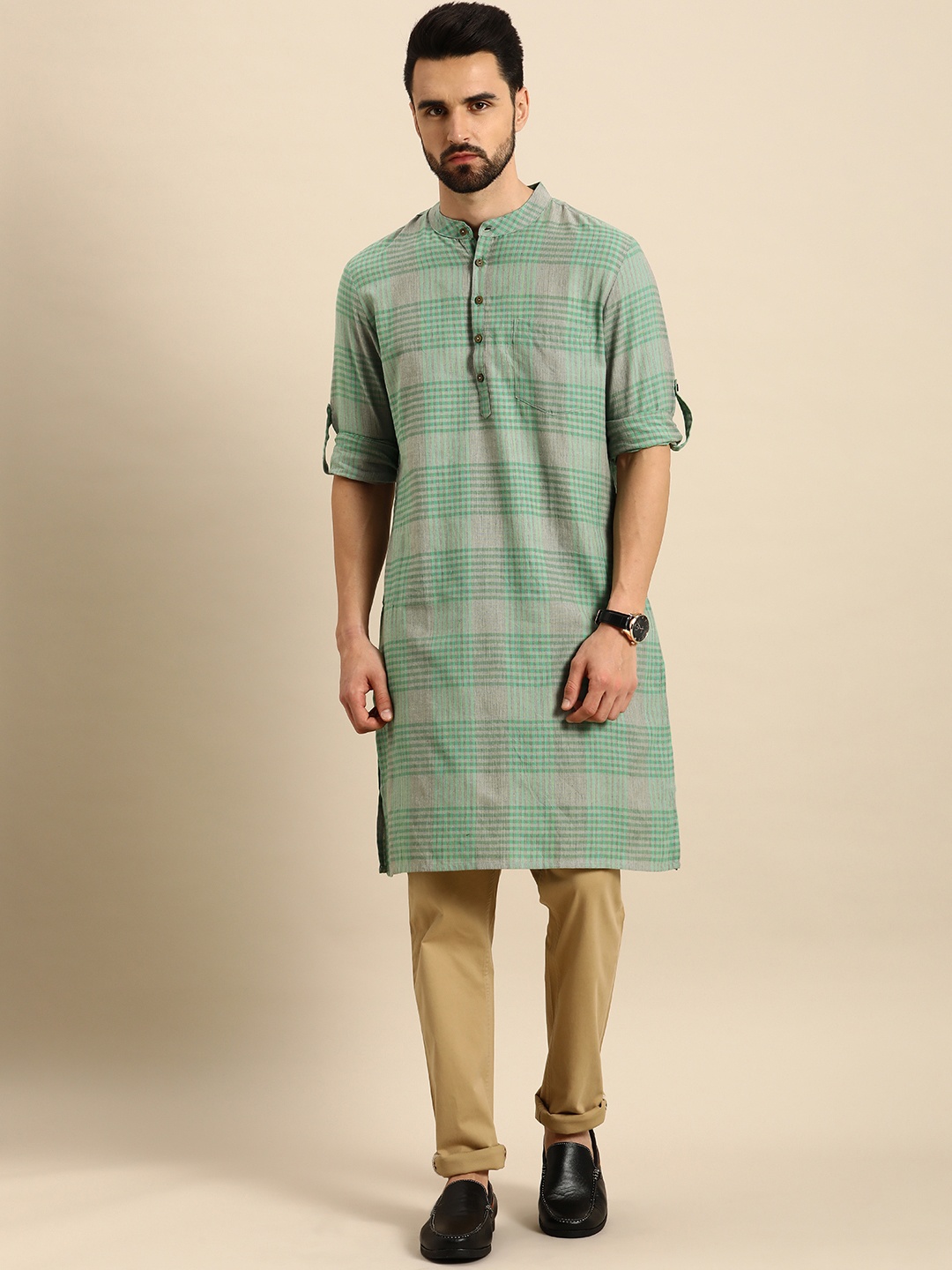

Anouk Men Green & Grey Checked Kurta