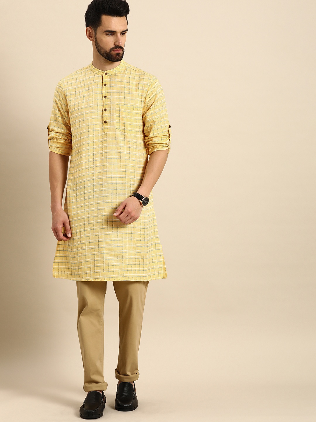 

Anouk Men Yellow Checked Kurta