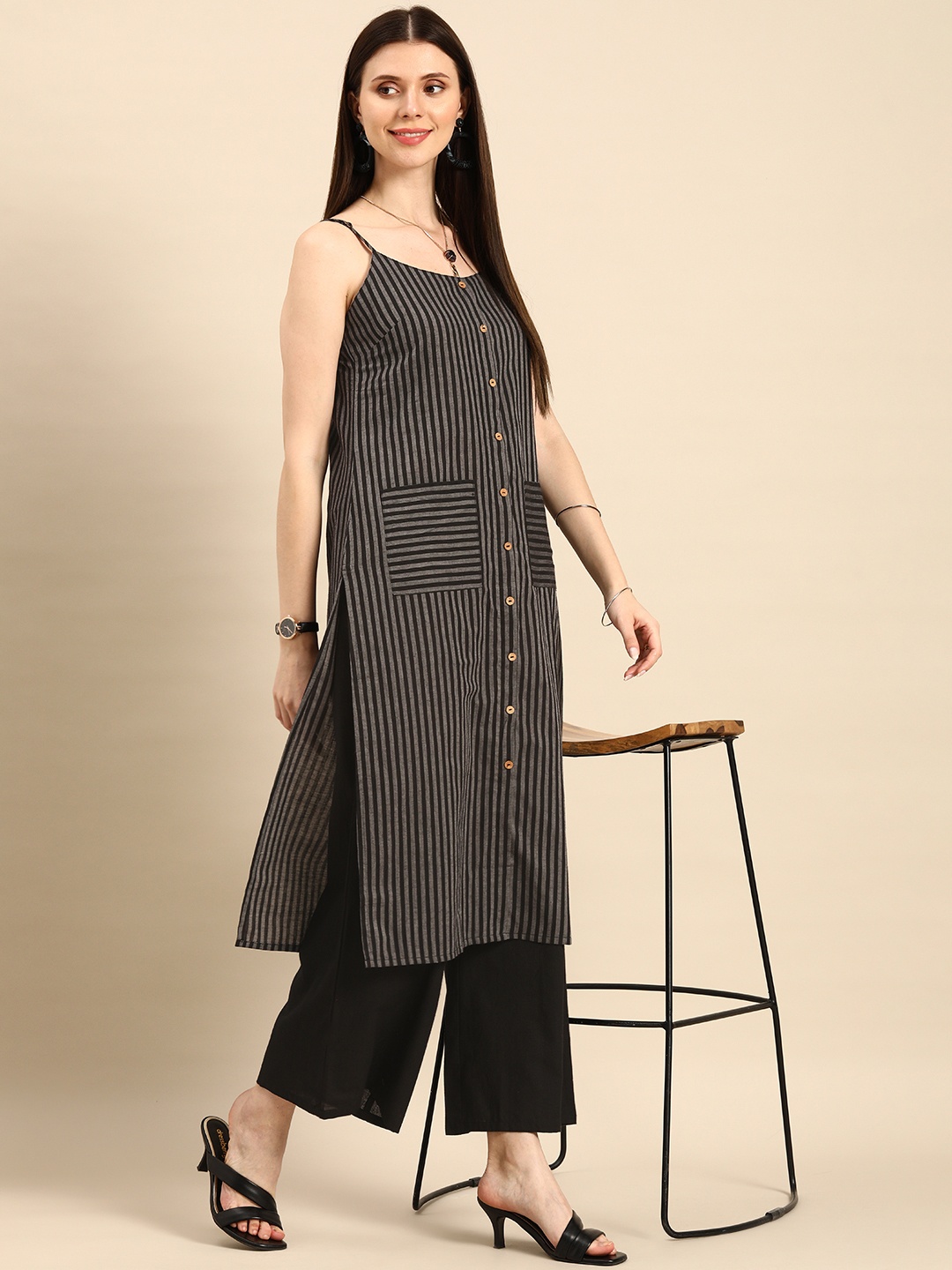 

Anouk Women Black Striped Pure Cotton Kurta with Palazzos