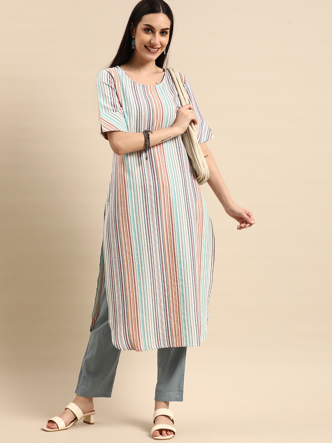 

Anouk Women Multicoloured Pure Cotton Striped Kurta, Multi