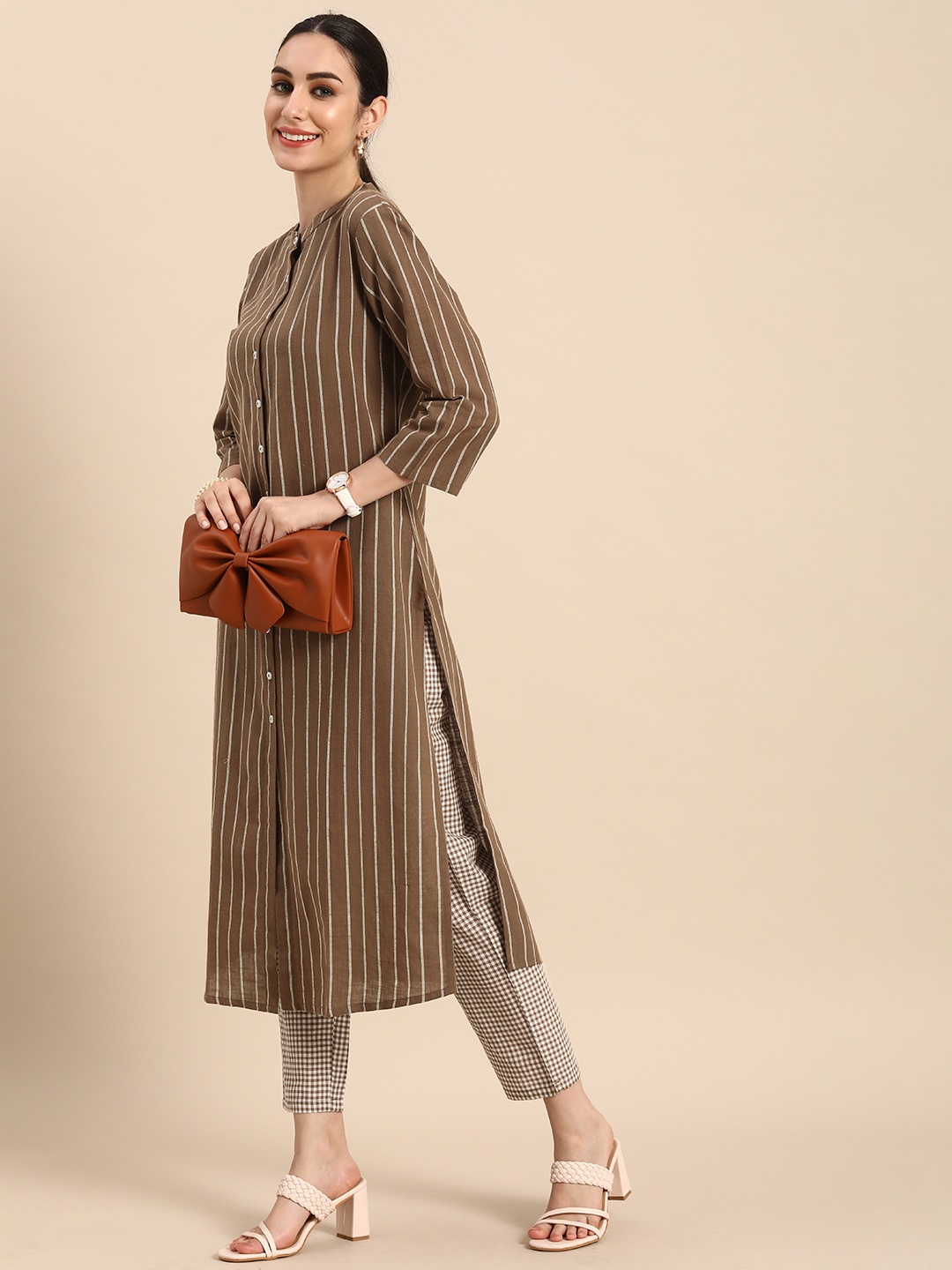 

Anouk Women Brown Striped Layered Pure Cotton Kurta with Trousers