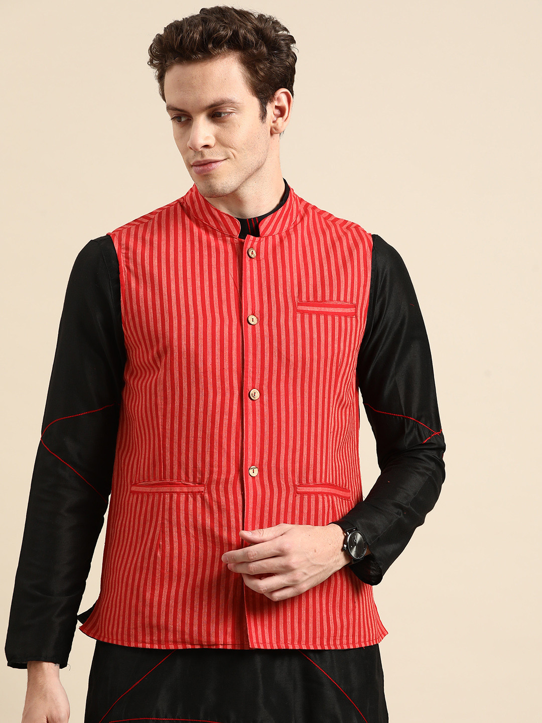 

Anouk Men Red Woven Striped Pure Cotton Nehru Jacket