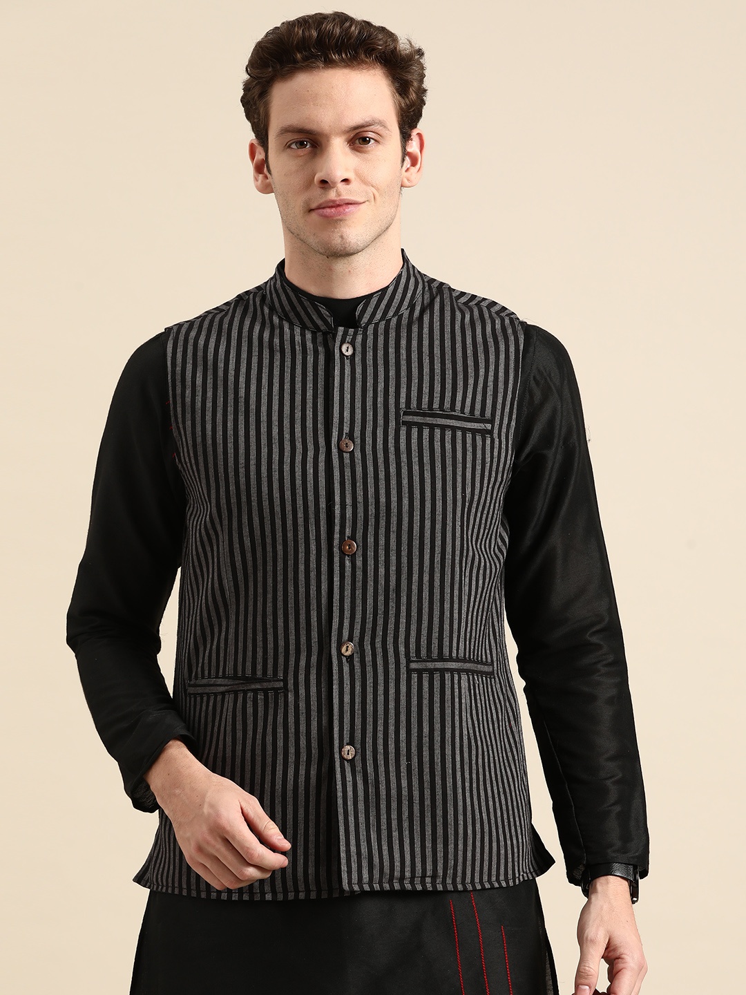 

Anouk Men Black & Grey Woven Striped Pure Cotton Nehru Jacket