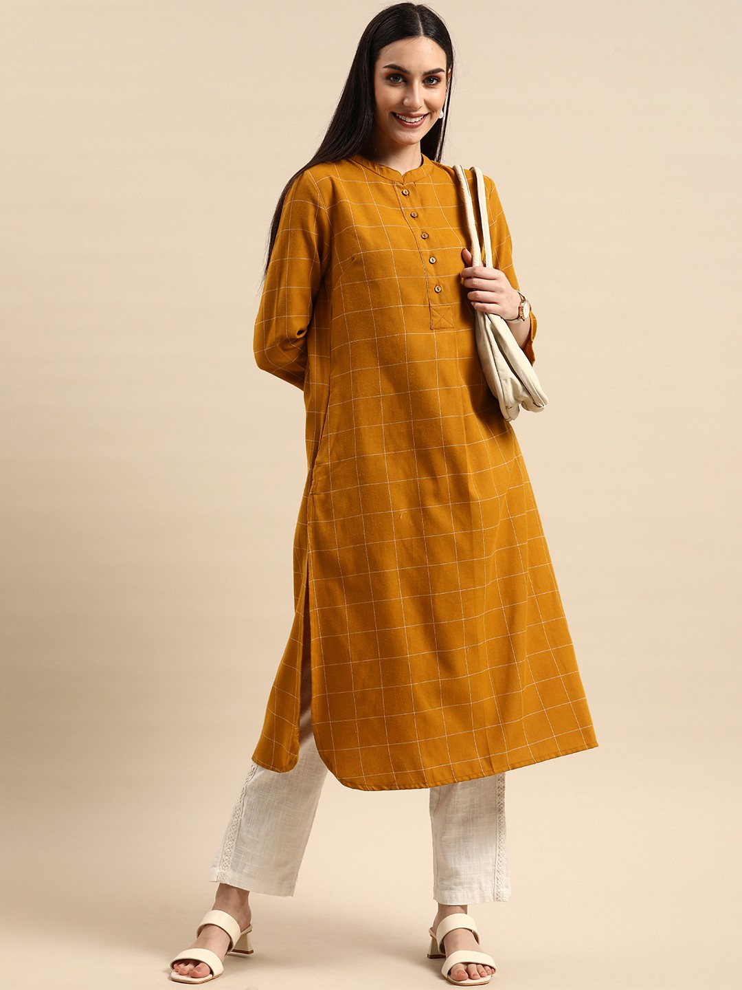 

Anouk Women Mustard Yellow Checked Kurta