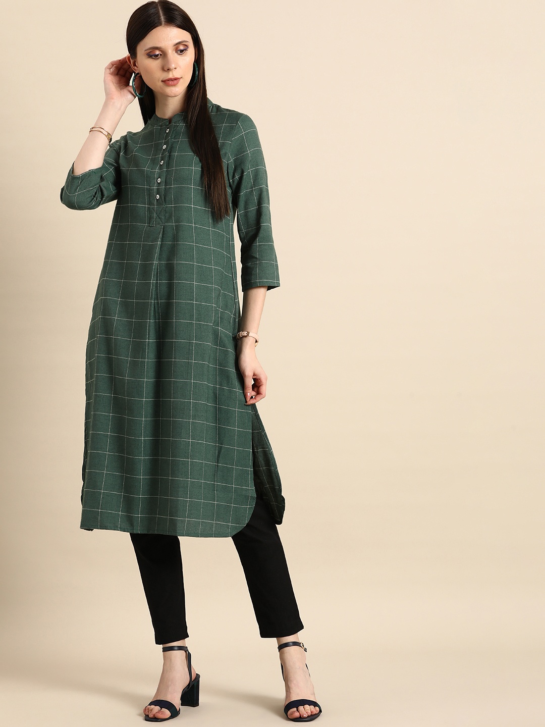 

Anouk Women Teal Green & White Checked Mandarin-Collar Straight Kurta