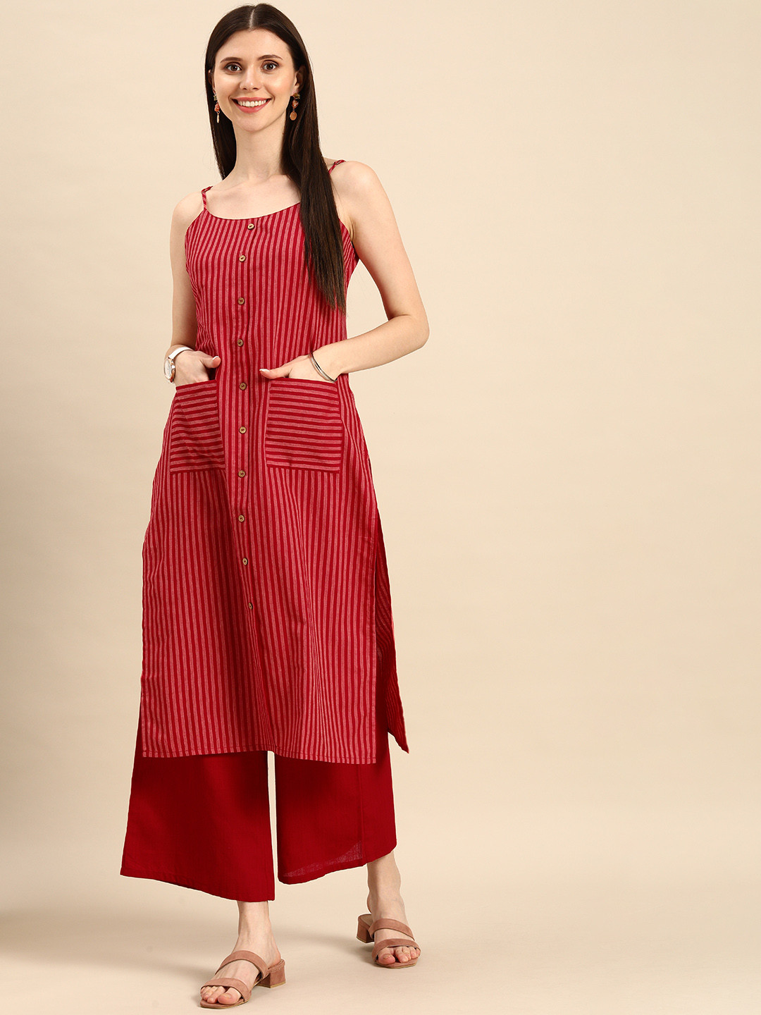 

Anouk Women Red Striped Pure Cotton Kurta with Palazzos