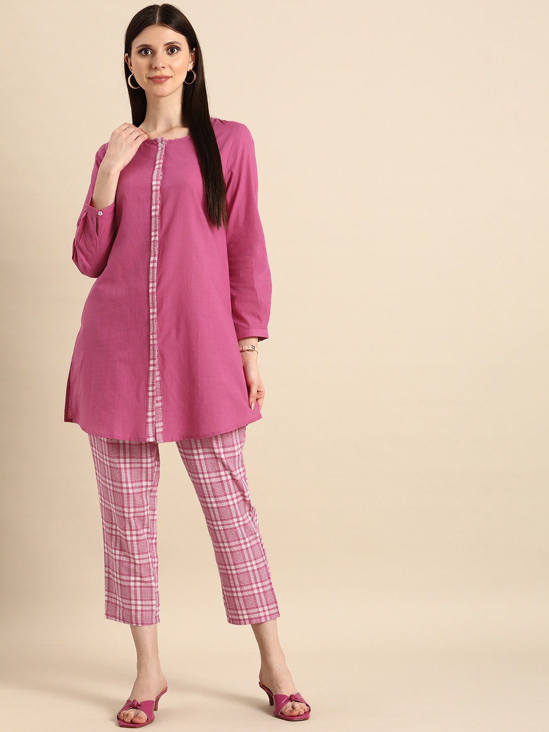 

Anouk Women Pink Pure Cotton Kurta with Trousers