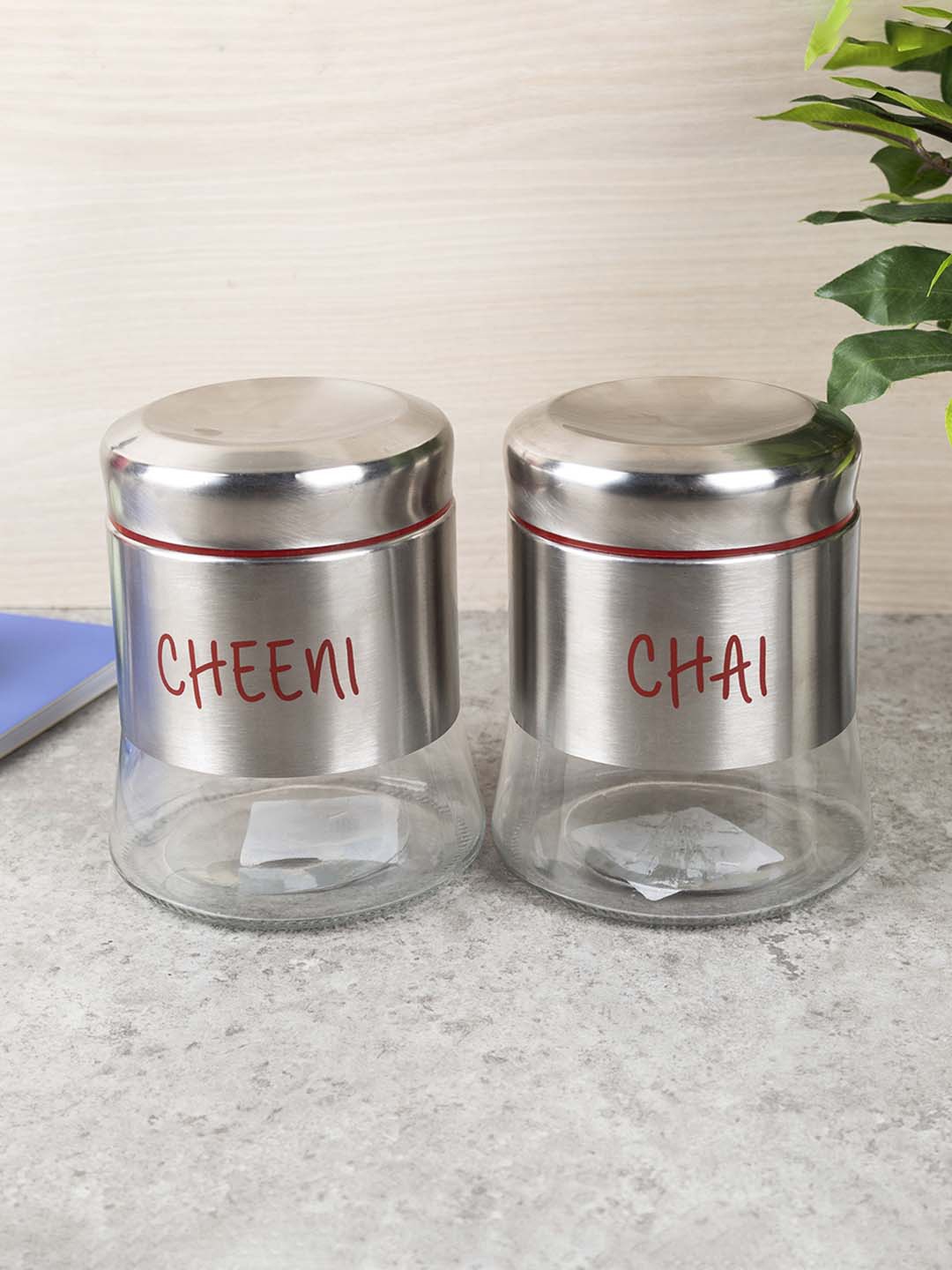

MARKET99 Set Of 2 Red Printed Glass Jar
