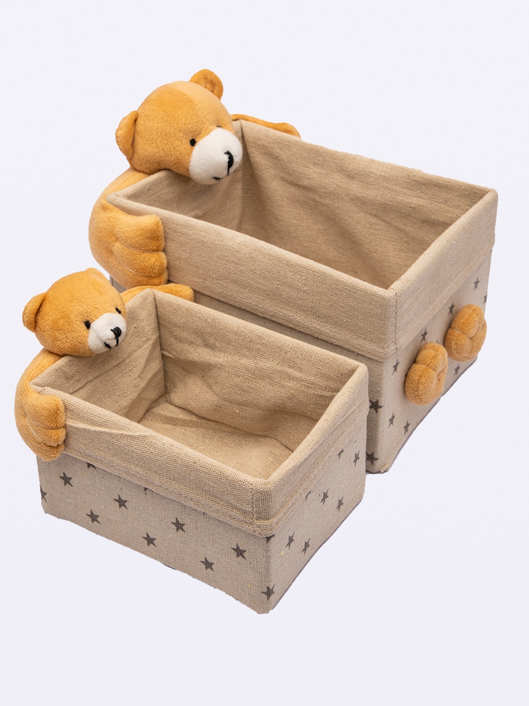 

MARKET99 Brown Set Of 2 Printed & Teddy-Shaped Fabric Baskets