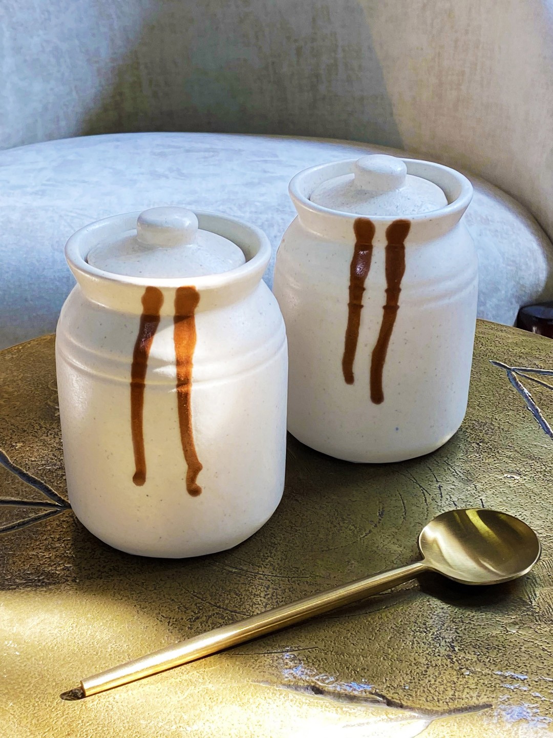 

Folkstorys Set of 2 White & Brown Ivory Storage Ceramic jars