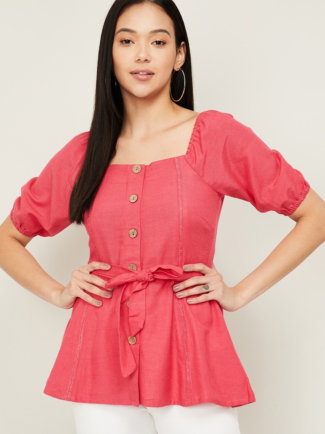 

CODE by Lifestyle Women Pink Solid Cinched Waist Top