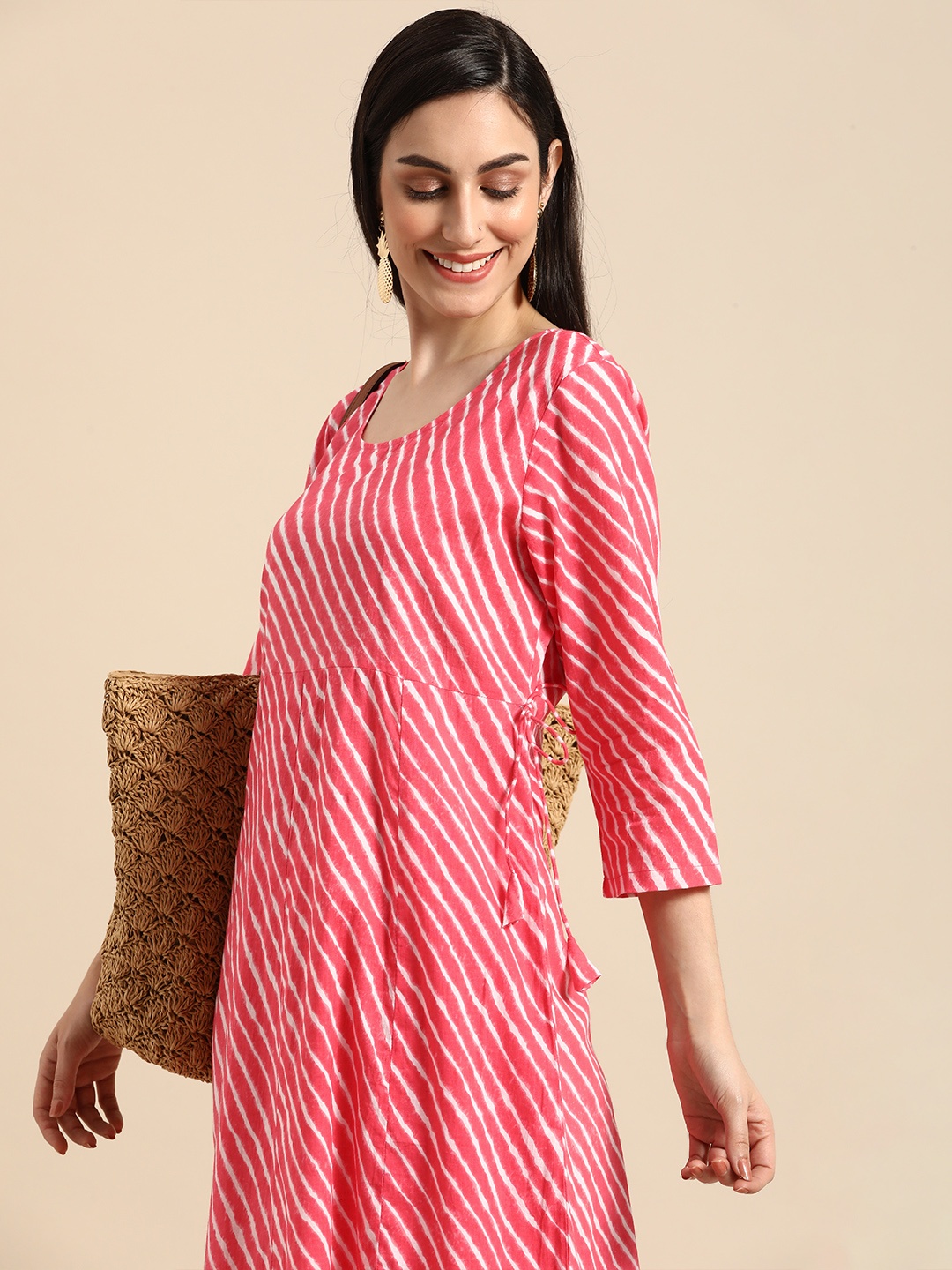 

Anouk Women Pink Leheriya Printed Pure Cotton Kurta With Trousers