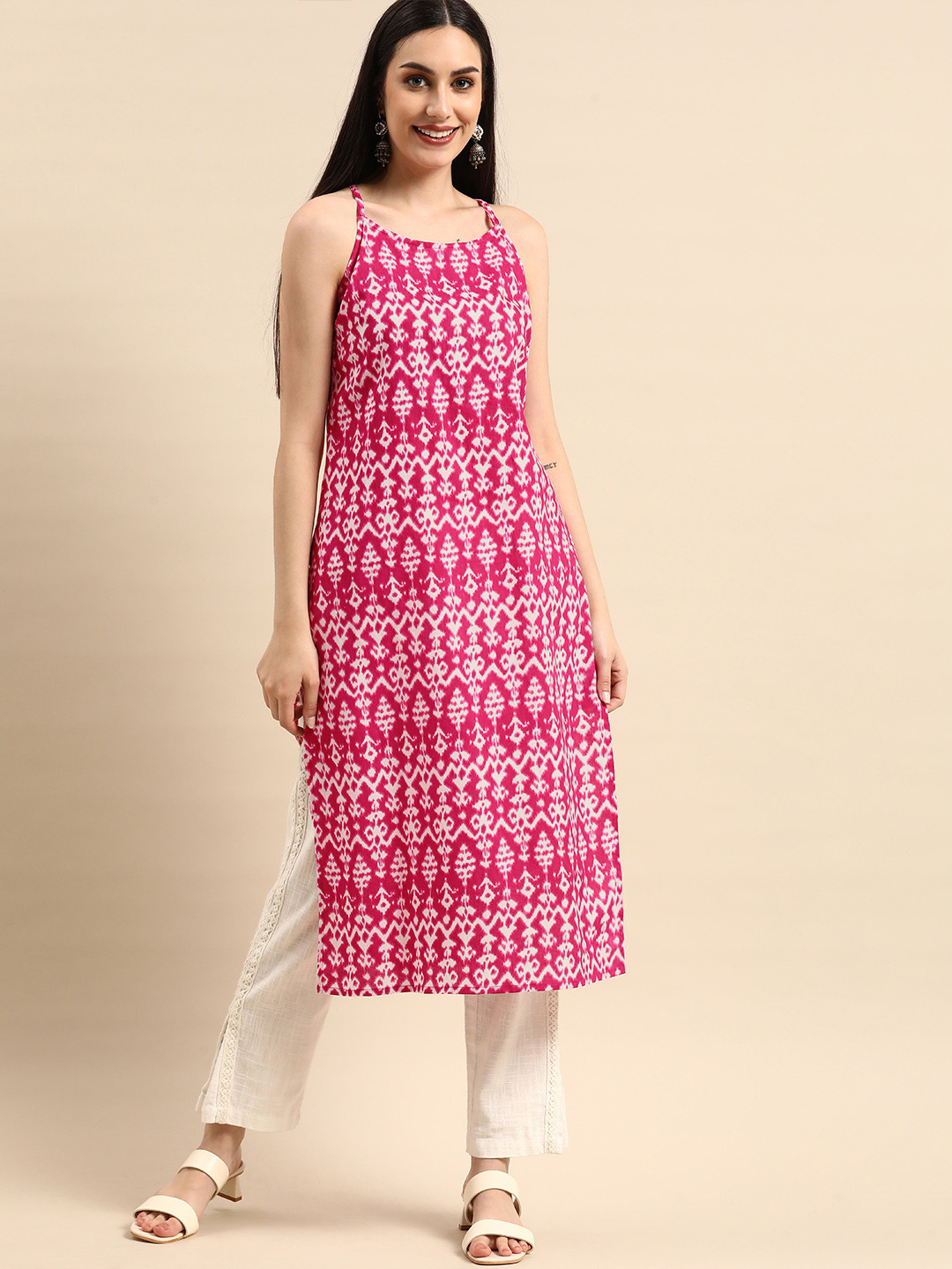 

Anouk Women Pink & White Ethnic Motifs Printed Shoulder Strap Kurta
