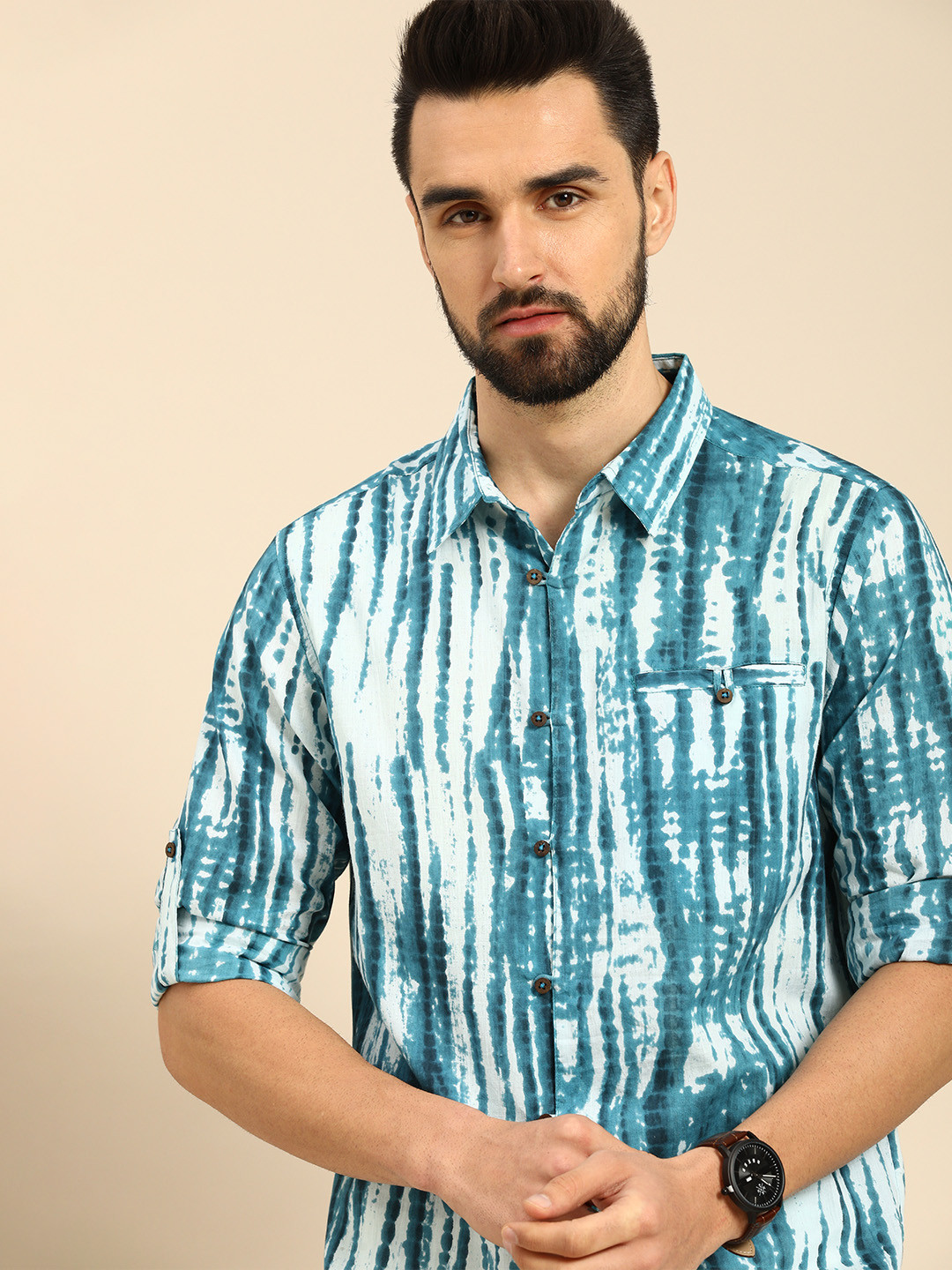 

Anouk Men Blue & White Tie & Dye Printed Casual Pure Cotton Shirt