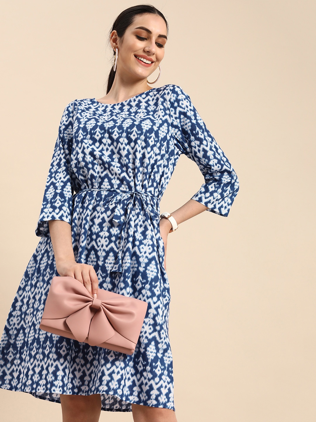

Anouk Women Blue & White Printed A-Line Dress