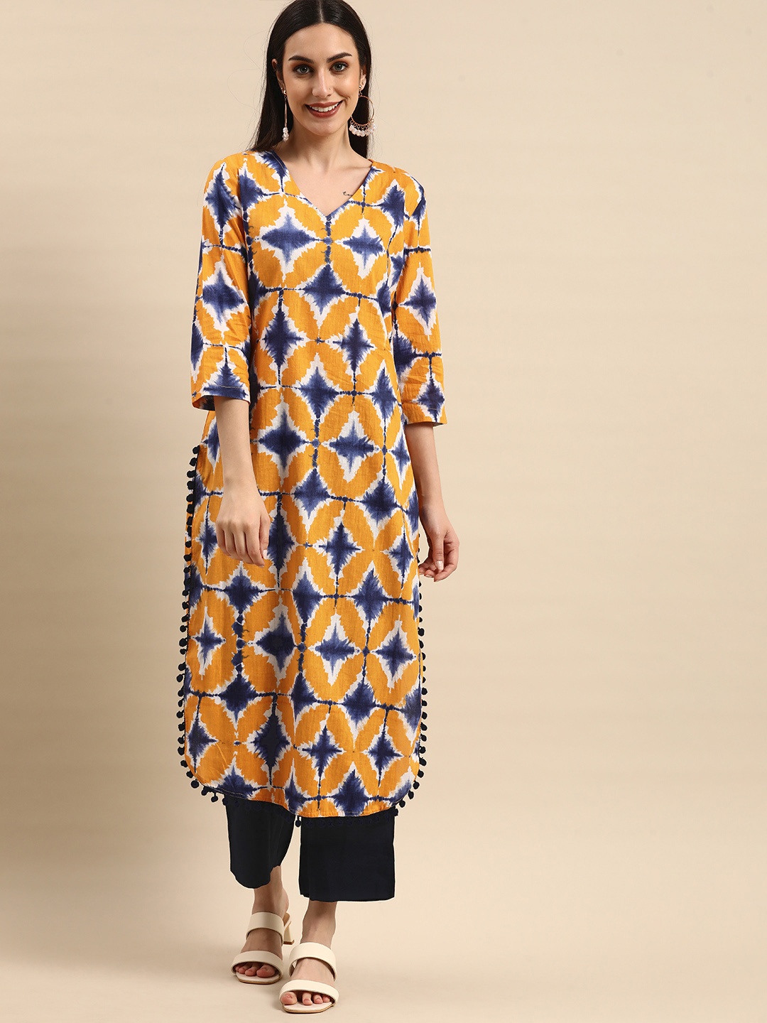 

Anouk Women Yellow & Blue Ethnic Motifs Printed V Neck Pure Cotton Kurta