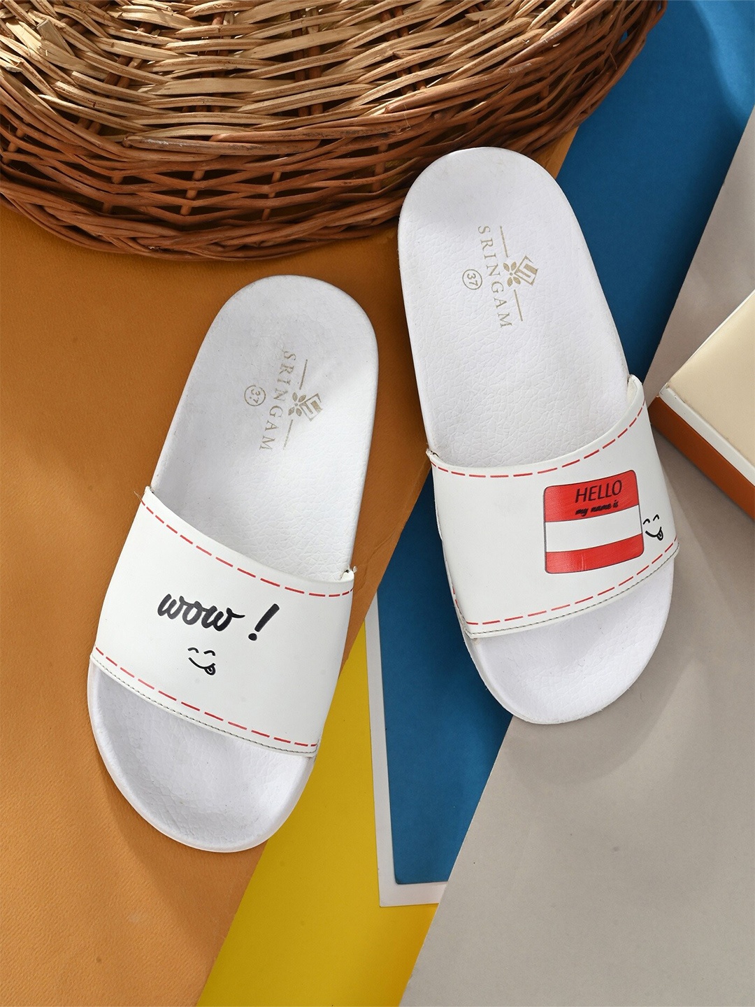 

Sringam Women White & Black Printed Sliders