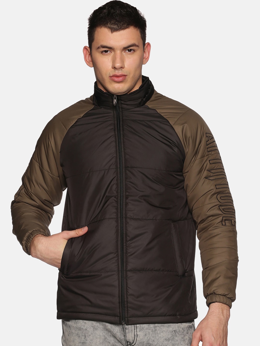 

ATTIITUDE Men Black& OLive Green Colourblocked Windcheater Padded Jacket