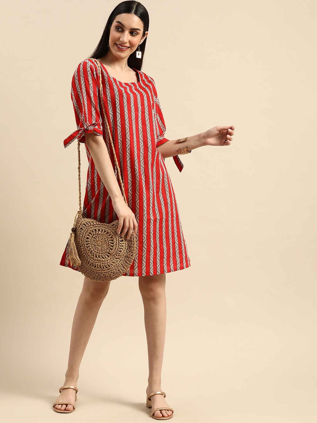 

Anouk Red & Off White Ethnic A-Line Dress