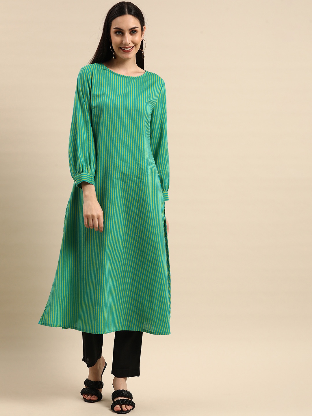 

Anouk Women Green & Yellow Striped Puff Long Sleeves Pure Cotton Kurta