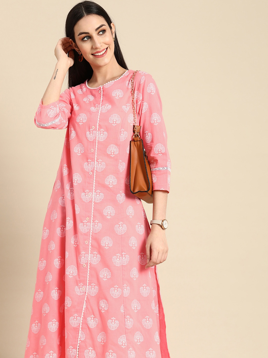 

Anouk Women Pink & White Ethnic Motifs Printed Pure Cotton Kurta