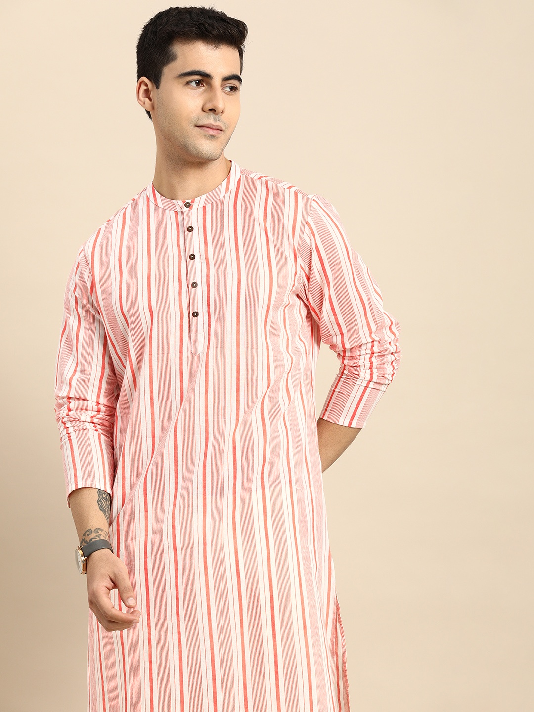 

Anouk Men Orange & White Multi Stripes Band Collar Pure Cotton Straight Kurta