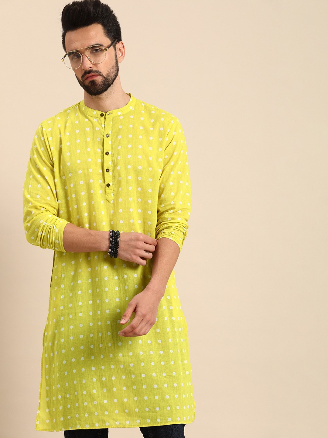 

Anouk Men Lime Green & White Printed Kurta