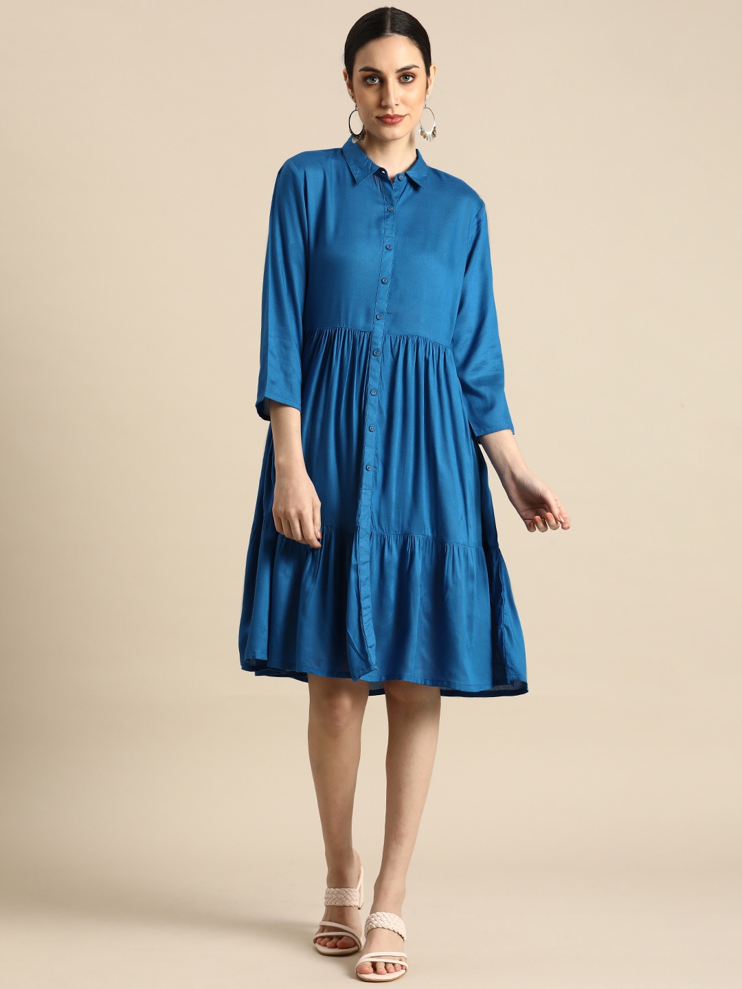 

Anouk Blue Solid Shirt Pleated And Tiered Pure Cotton Dress
